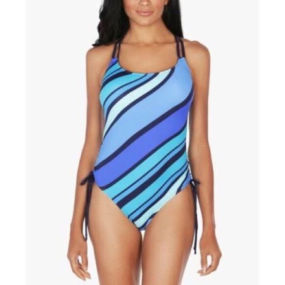 Nautica NWOT Newport Stripe One-Piece Swimsuit Blue M - Picture 1 of 7